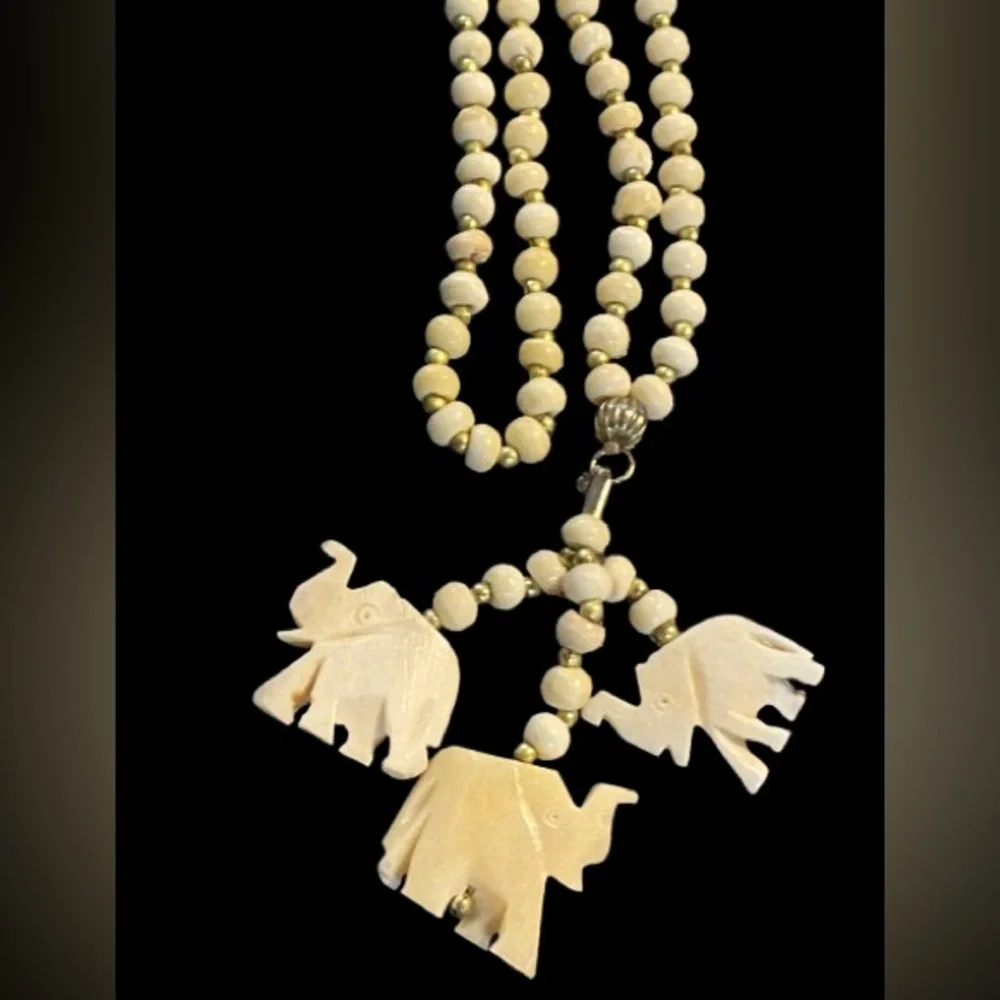Vintage Carved Bone Cream Beaded Necklace with 3 Elephant Pendants Good Luck